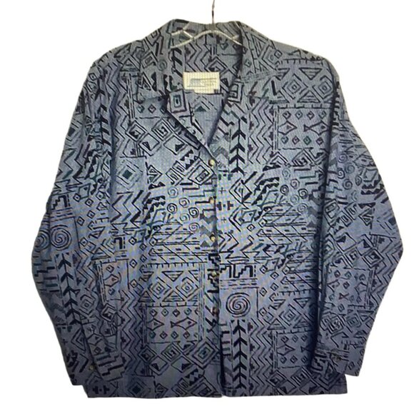 CENTRAL FALLS Blue Cotton Geometric Fish Print Vintage Button Down Shacket M - Picture 13 of 13